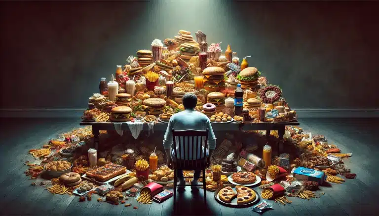Visualisierung eines Mannes vor einem Berg von Fastfood: Überernährung & Nährstoffmangel ist Stress für Mitochondrien
