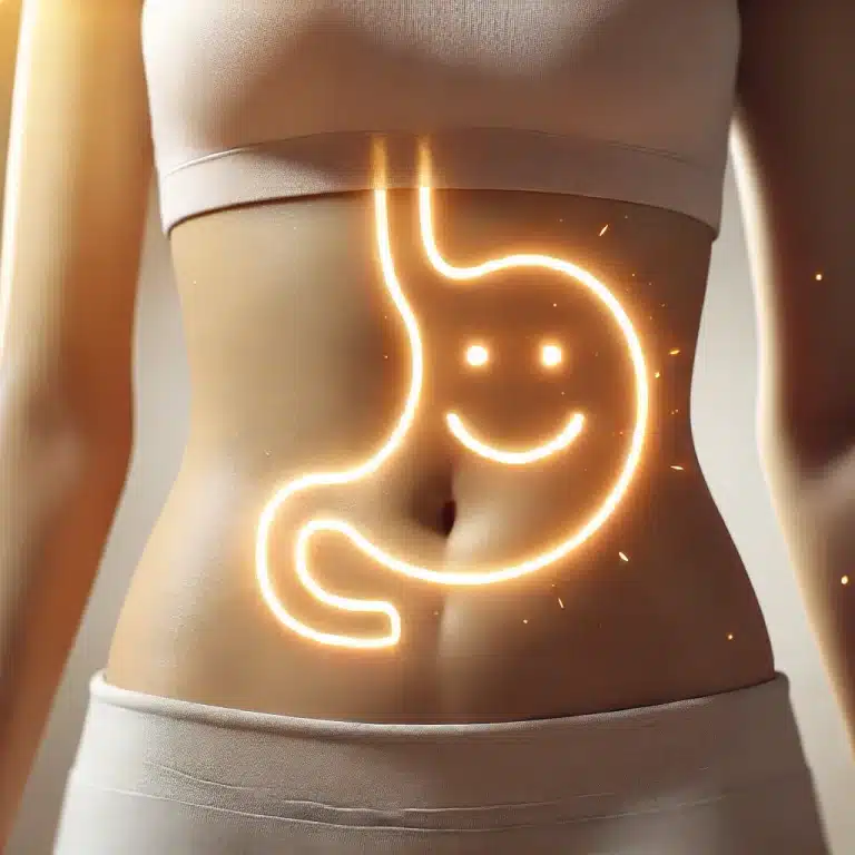 Visualisierung eines leuchtenden & lachenden Magens auf einem Bauch: Darmgesundheit & Mitochondrien hängen zusammen