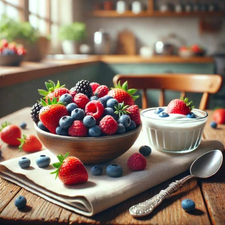 Frische Beeren in einer Schüssel mit Joghurt – reich an Antioxidantien & Polyphenolen, die Zellgesundheit fördern & oxidativen Stress reduzieren