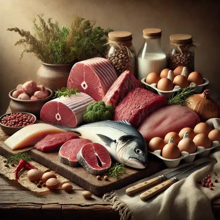 Verschiedene Proteinquellen wie Fleisch, Fisch, Milch, Eier, Nüsse sind wichtige Nährstoffe für Langlebigkeit