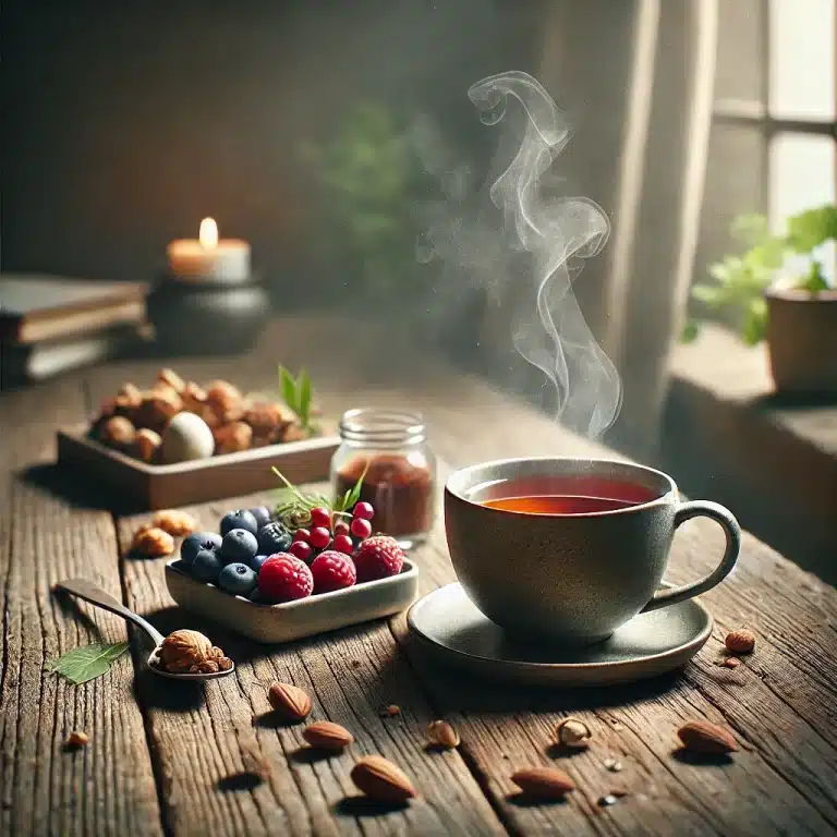 Visualisierung einer Tasse Tee mit nährstoffreichen Nüssen & Beeren: Achtsames Essen hilft Langlebigkeit