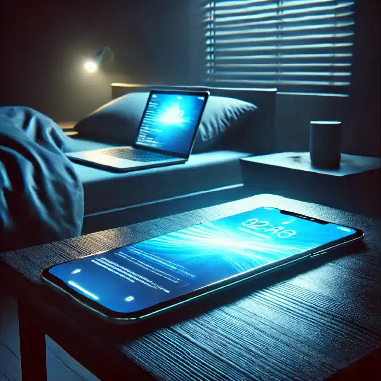 Smartphone & Laptop mit starkem Blaulicht im Schlafzimmer – elektronische Geräte können die Melatoninproduktion hemmen & die Schlafqualität stören