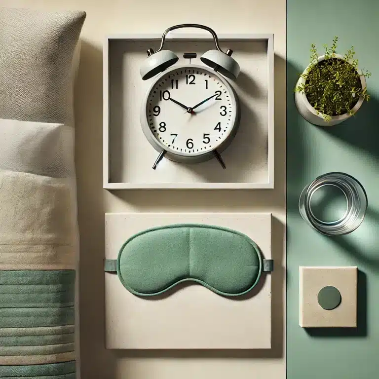 Minimalistische Nachtroutine mit Wecker, Schlafmaske & Wasserglas – feste Schlafenszeit & Schlafhygiene für erholsamen Schlaf & bessere Regeneration
