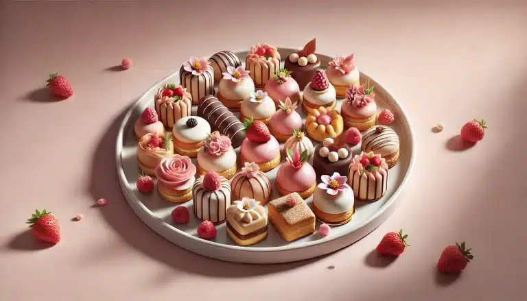 Elegante Petit Fours & süßes Gebäck – hohe Zuckeraufnahme kann Blutzuckerwerte beeinflussen, Glykation fördern & die Stoffwechselgesundheit beeinträchtigen.