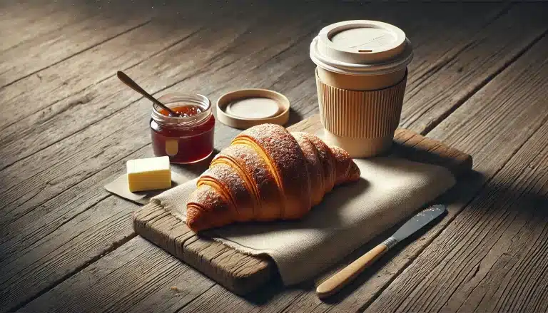 Frisches Croissant mit Butter, Marmelade und Kaffee auf rustikalem Holztisch – kann Blutzucker erhöhen, gesunde Alternativen beachten