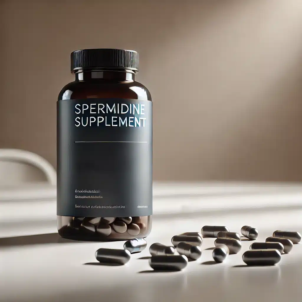 Darstellung einer Flasche mit Spermidin Kapseln als Supplement. Spermidin wird ein positiver Einfluss auf Longevity zugeschrieben